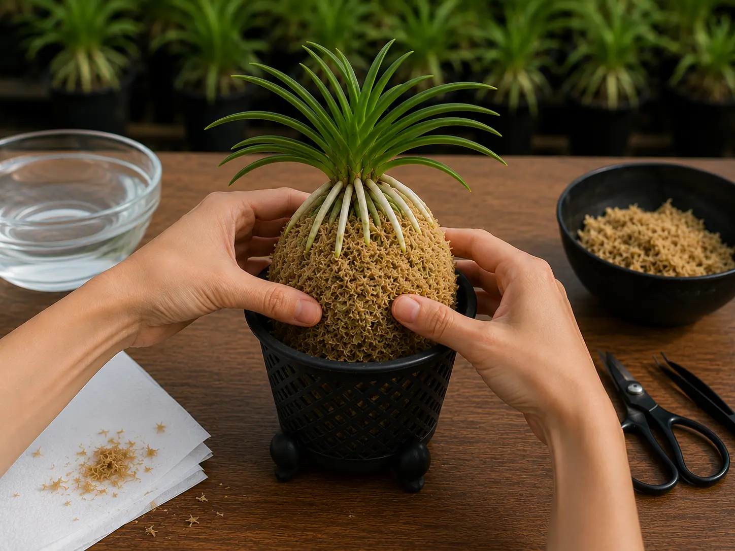 Introducción del montículo de musgo sphagnum con una Neofinetia falcata dentro de una maceta Fuukiran