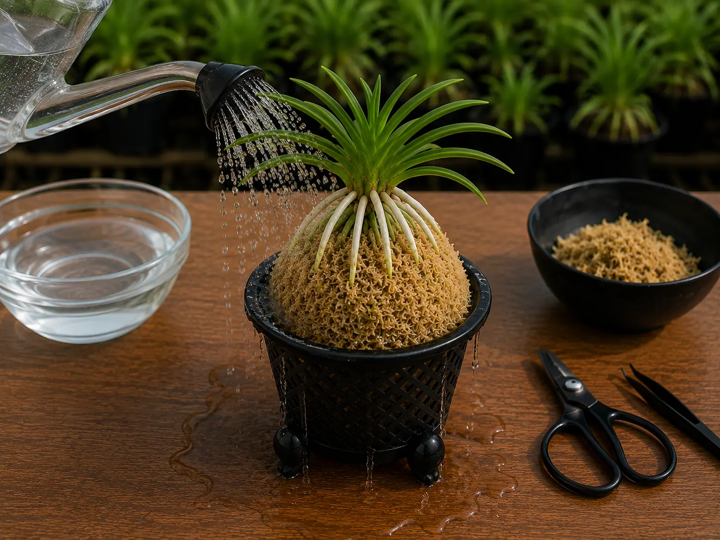 Primer riego abundante de una Neofinetia falcata recién montada sobre un montículo tradicional de musgo sphagnum