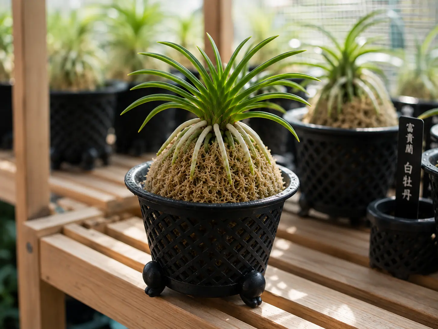 Neofinetia falcata recién montada sobre un montículo tradicional de musgo sphagnum en una estantería luminosa y ventilada
