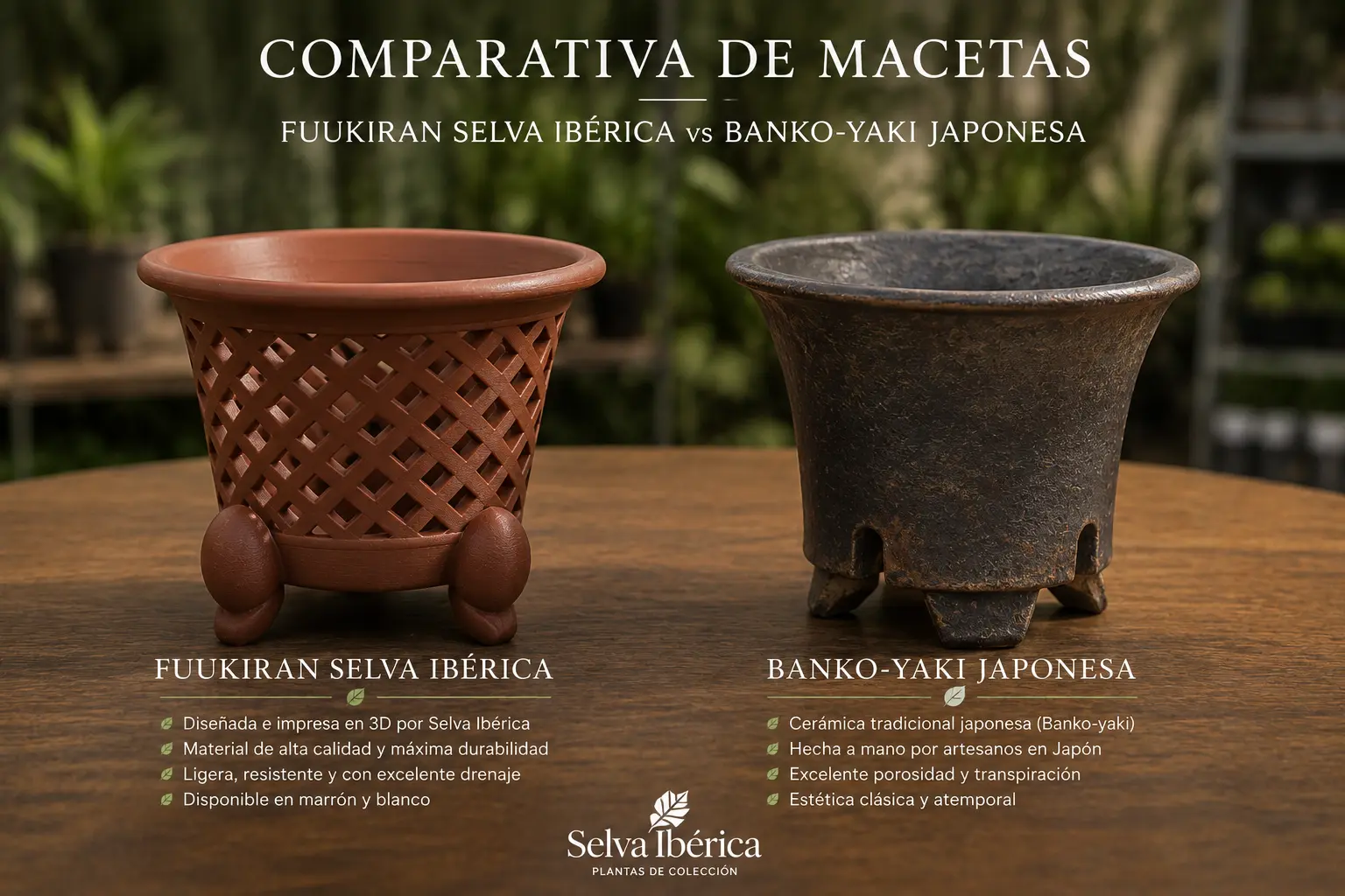 Comparativa entre una maceta Fuukiran Selva Ibérica y una maceta japonesa Banko-yaki para el cultivo de Neofinetia falcata