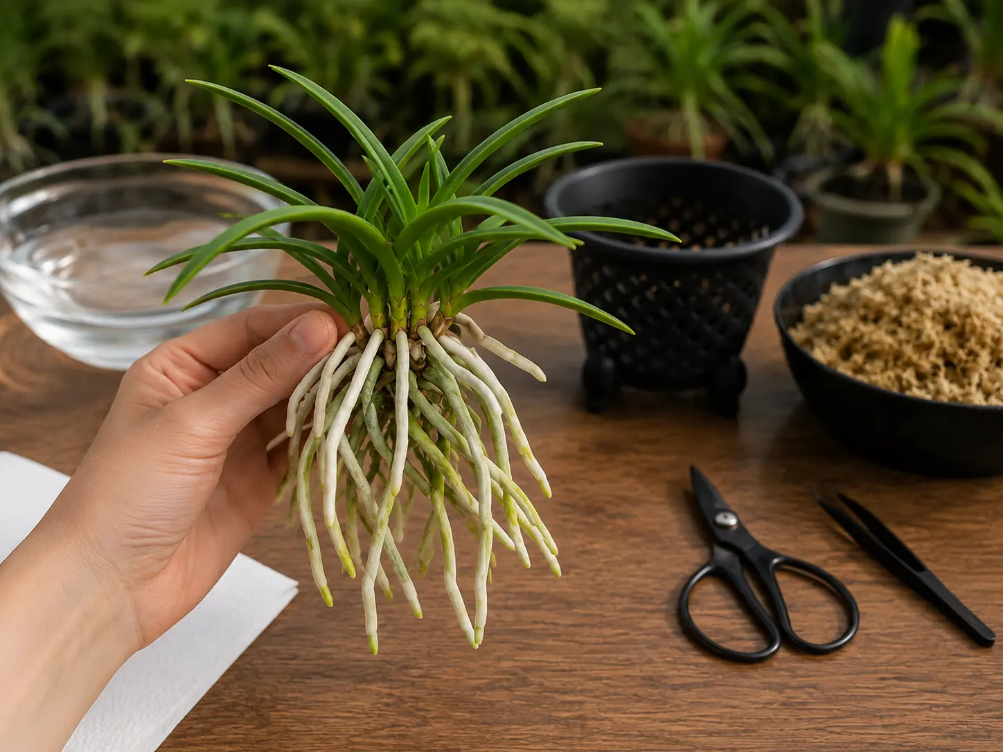 Raíces sanas y activas de una Neofinetia falcata antes de montarla sobre un montículo tradicional de musgo sphagnum