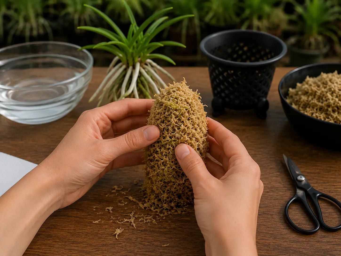 Colocación correcta de una Neofinetia falcata sobre el núcleo de musgo sphagnum antes del montaje definitivo