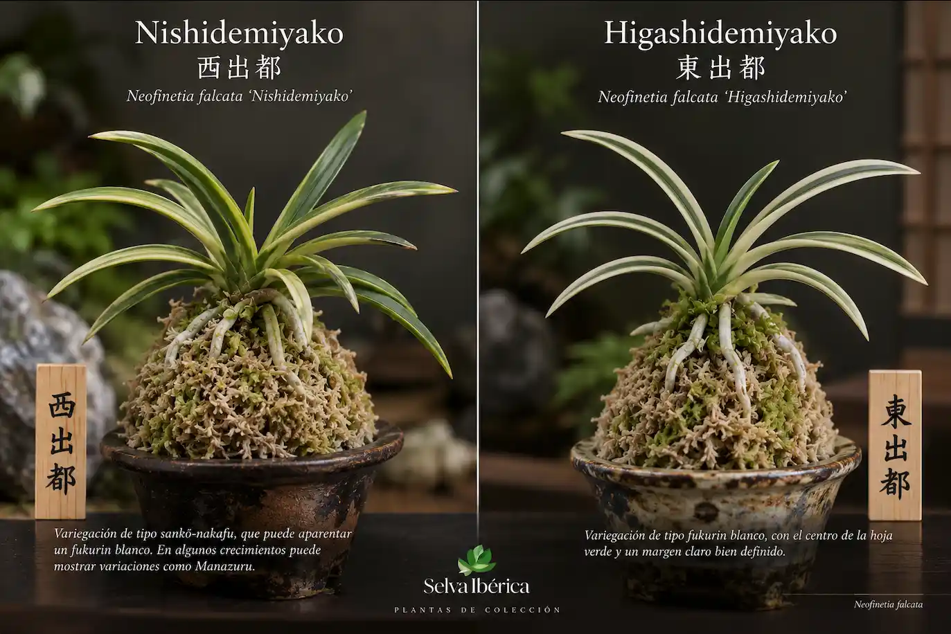 Comparación entre Nishidemiyako y Higashidemiyako, variedades de Fuukiran con diferentes patrones de variegación